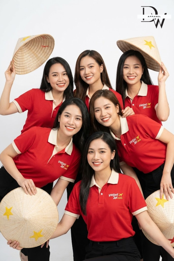 Áo thun đồng phục công ty Ecotton màu đỏ phối trắng gạo