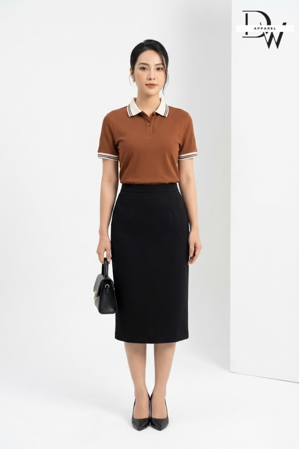 Áo đồng phục công ty màu nâu ecotton màu nâu phối trắng gạo