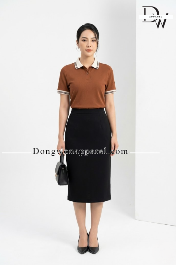 Áo đồng phục công ty màu nâu ecotton màu nâu phối trắng gạo